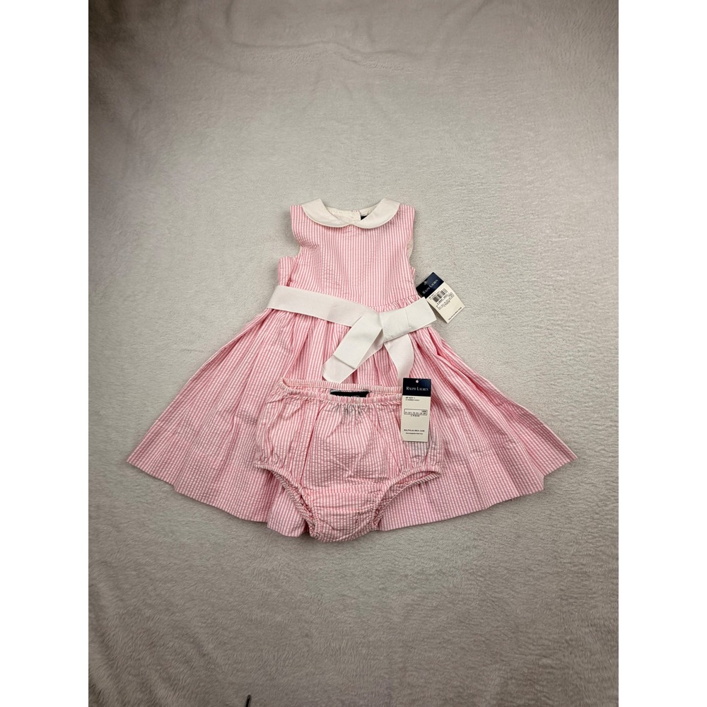 Ralph Lauren Seersucker Dress Set Baby Girl 18M Pink White Stripe Peter Pan Cute